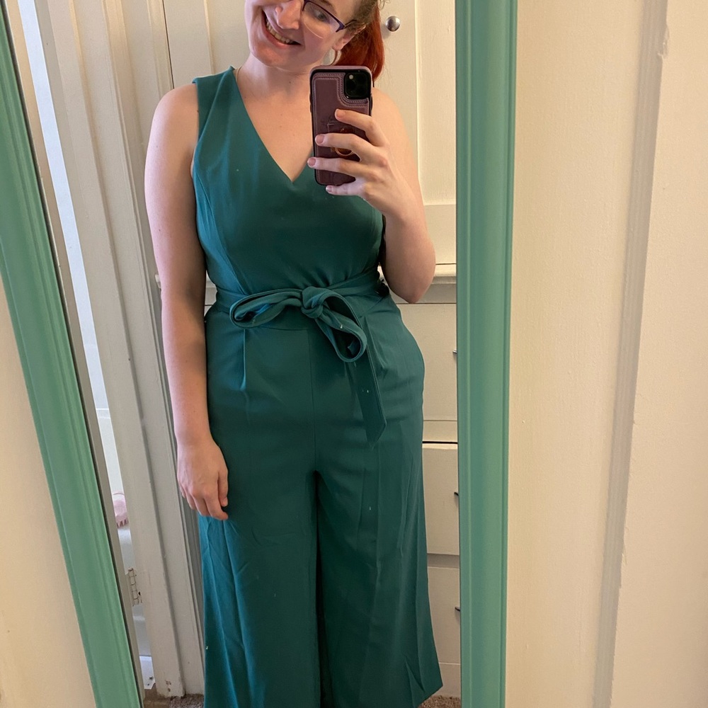 Calvin Klein Teal V-Neck Sleeveless Jumpsuit with Tie Belt - Picture 2 of 12